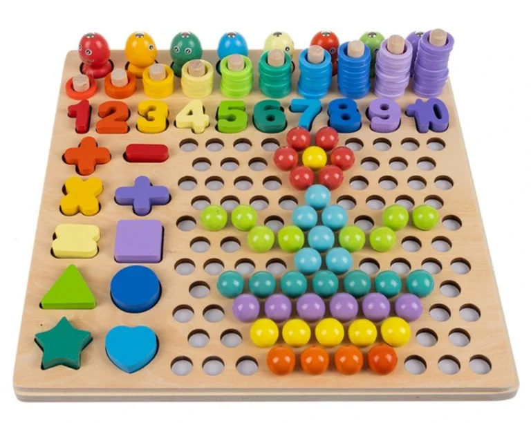 Kruzzel sokfunkciós Montessori fa puzzle és golyós mozaik játék mintával – fejlesztő játék