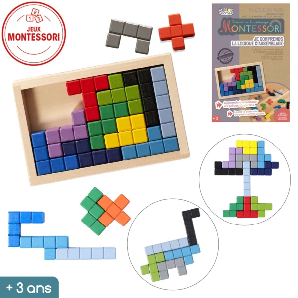 Fa Montessori logikai tetris játék – Kreatív puzzle tálcával
